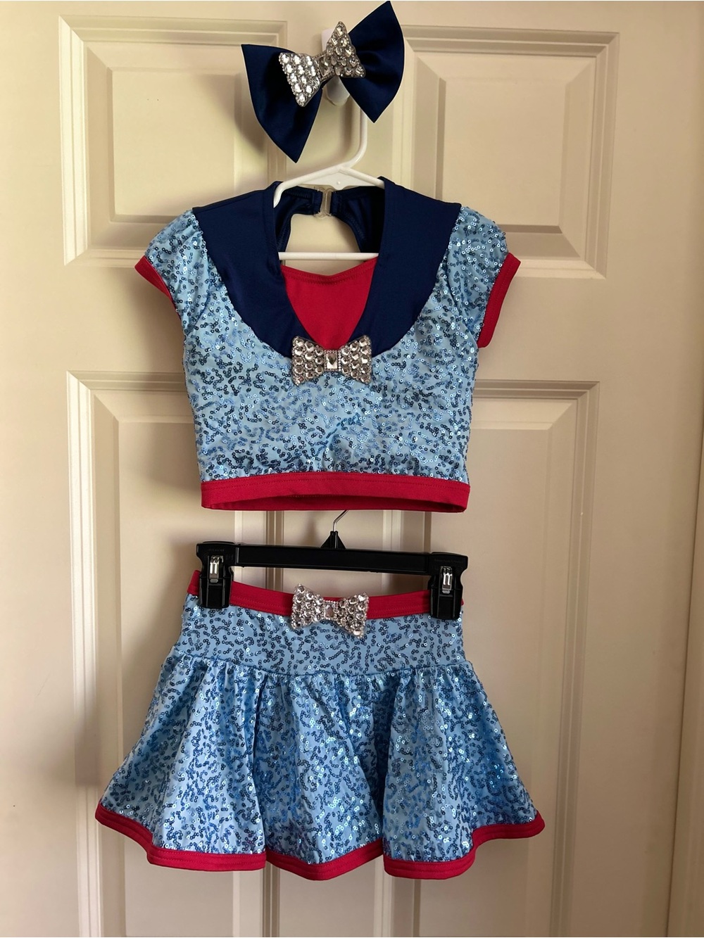 Weissman two piece blue sequin dance costume Size Small Child-includes headpiece